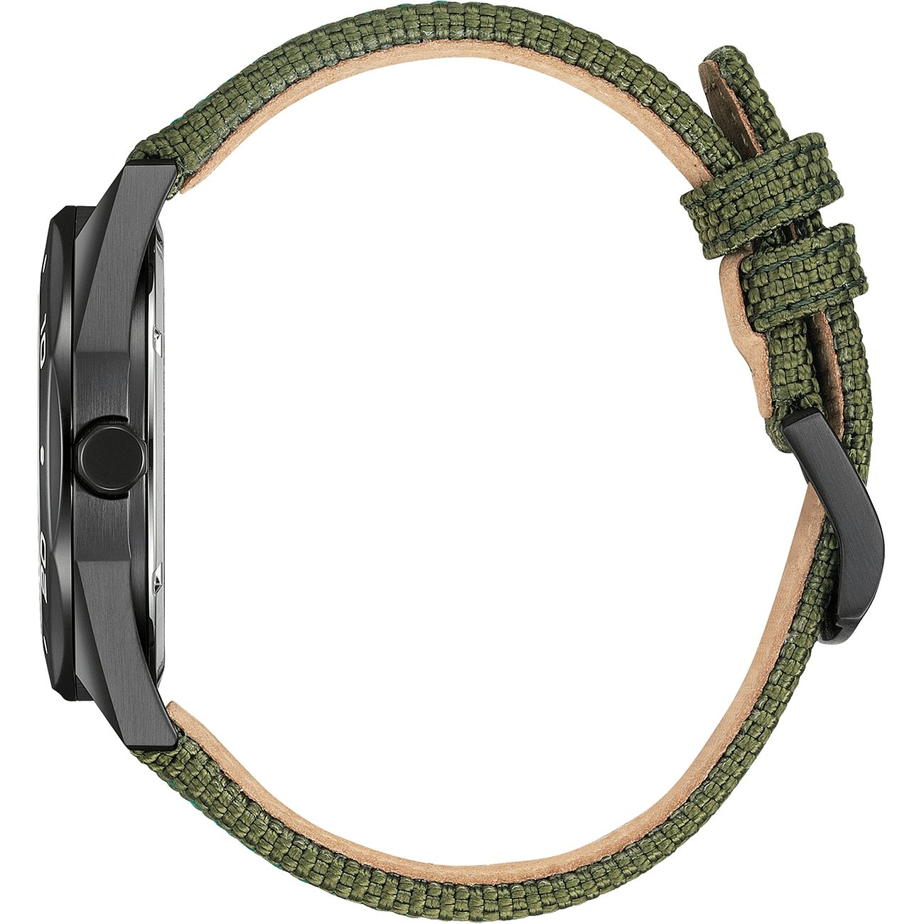 Citizen Herrenuhr mit Edelstahlgehäuse und grünem Textilarmband.