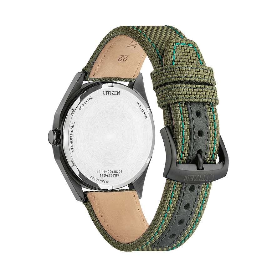 Citizen Herrenuhr mit Edelstahlgehäuse, grünem Textilarmband und Dornschließe.