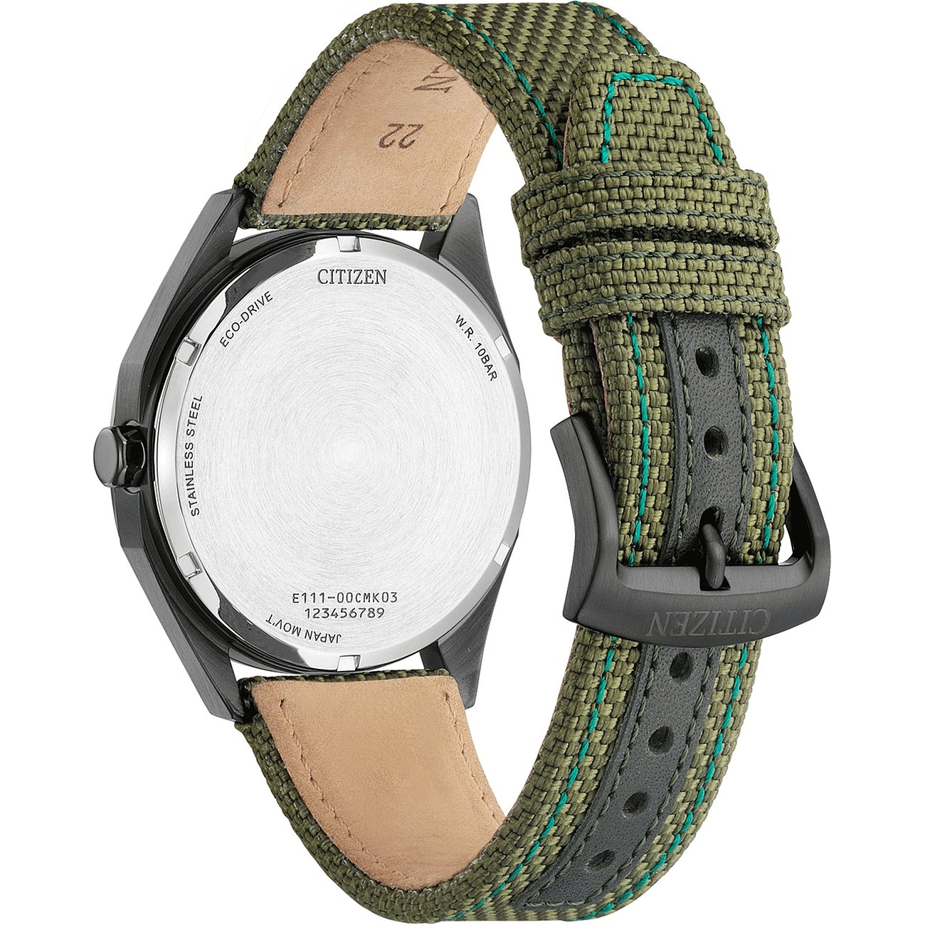 Citizen Herrenuhr mit Edelstahlgehäuse, grünem Textilarmband und Dornschließe.