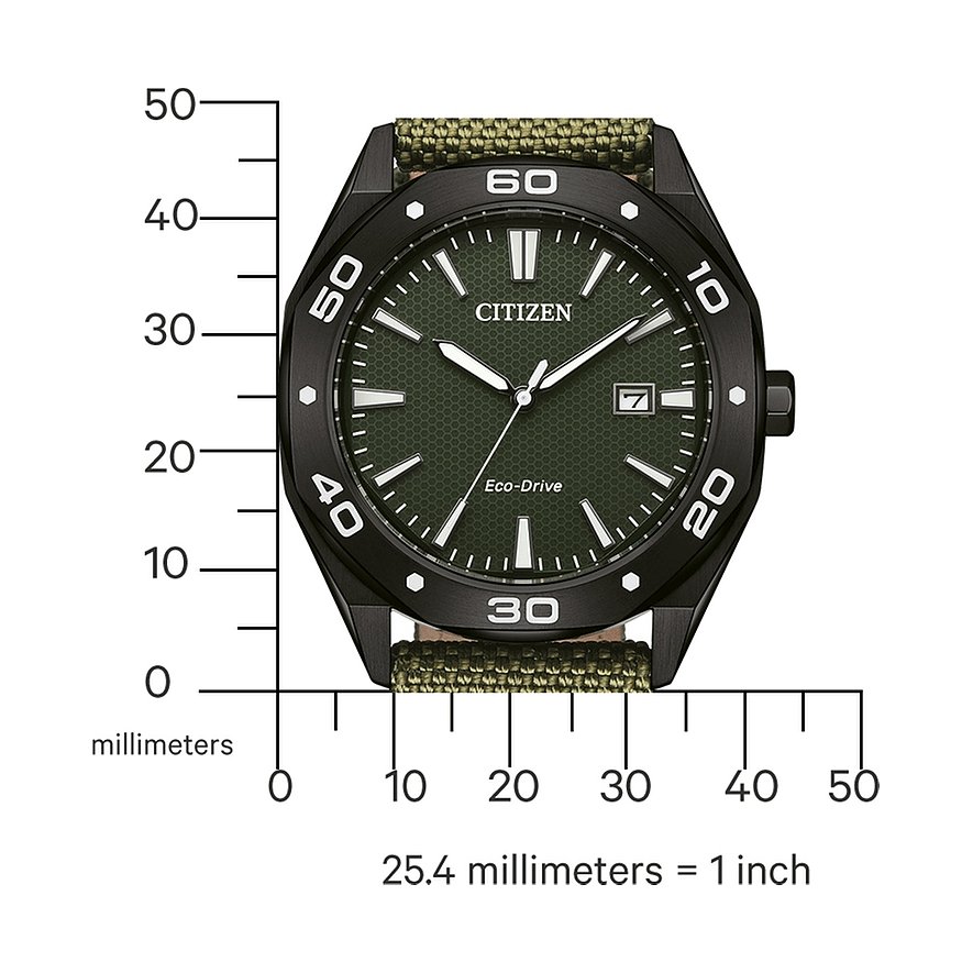 Citizen Herrenuhr mit Edelstahlgehäuse, grünem Zifferblatt und Textilarmband.