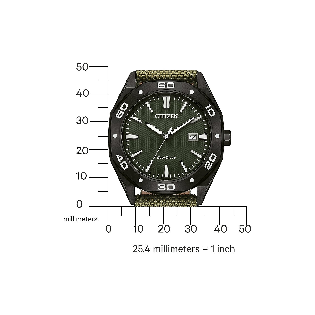 Citizen Herrenuhr mit Edelstahlgehäuse, grünem Zifferblatt und Textilarmband.