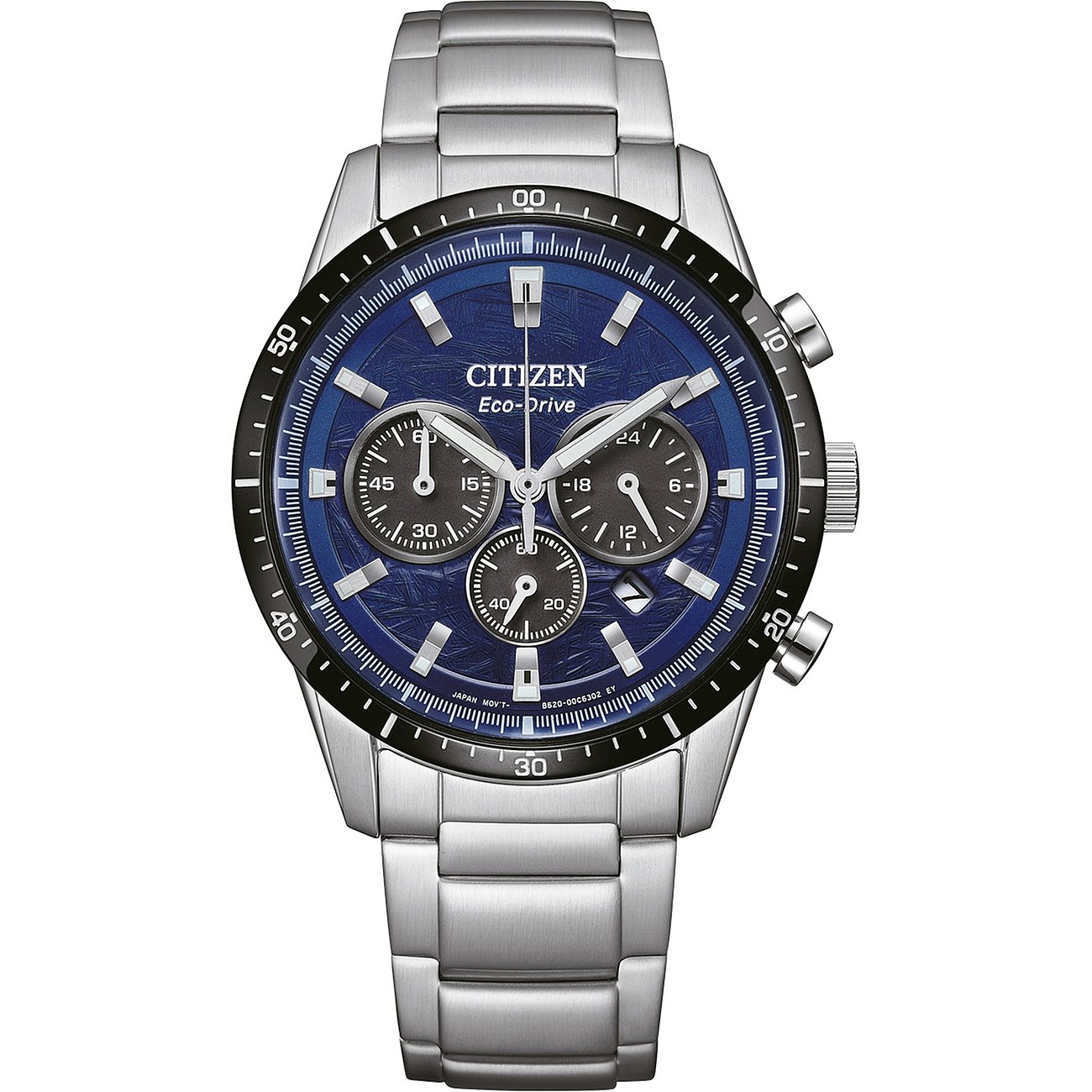Citizen Herrenuhr mit Edelstahlgehäuse, blauem Zifferblatt und Chronographen.