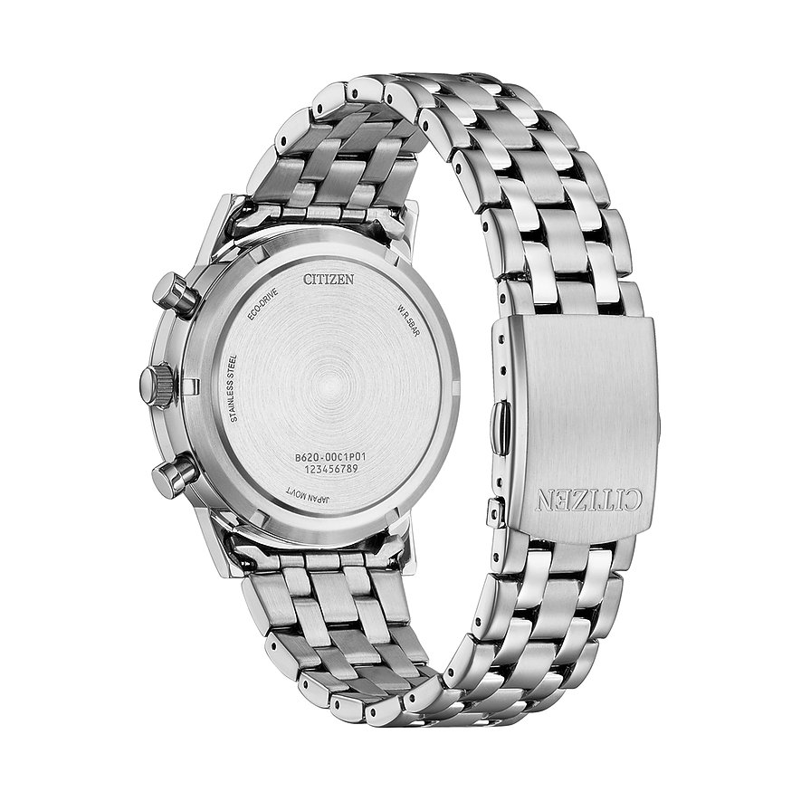 Citizen Herrenuhr aus Edelstahl mit silberfarbenem Gehäuse und Armband.