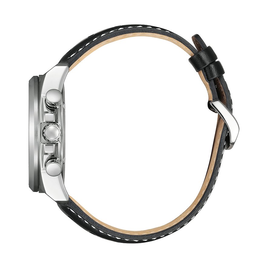 Citizen Herrenuhr mit Edelstahlgehäuse und schwarzem Lederarmband.