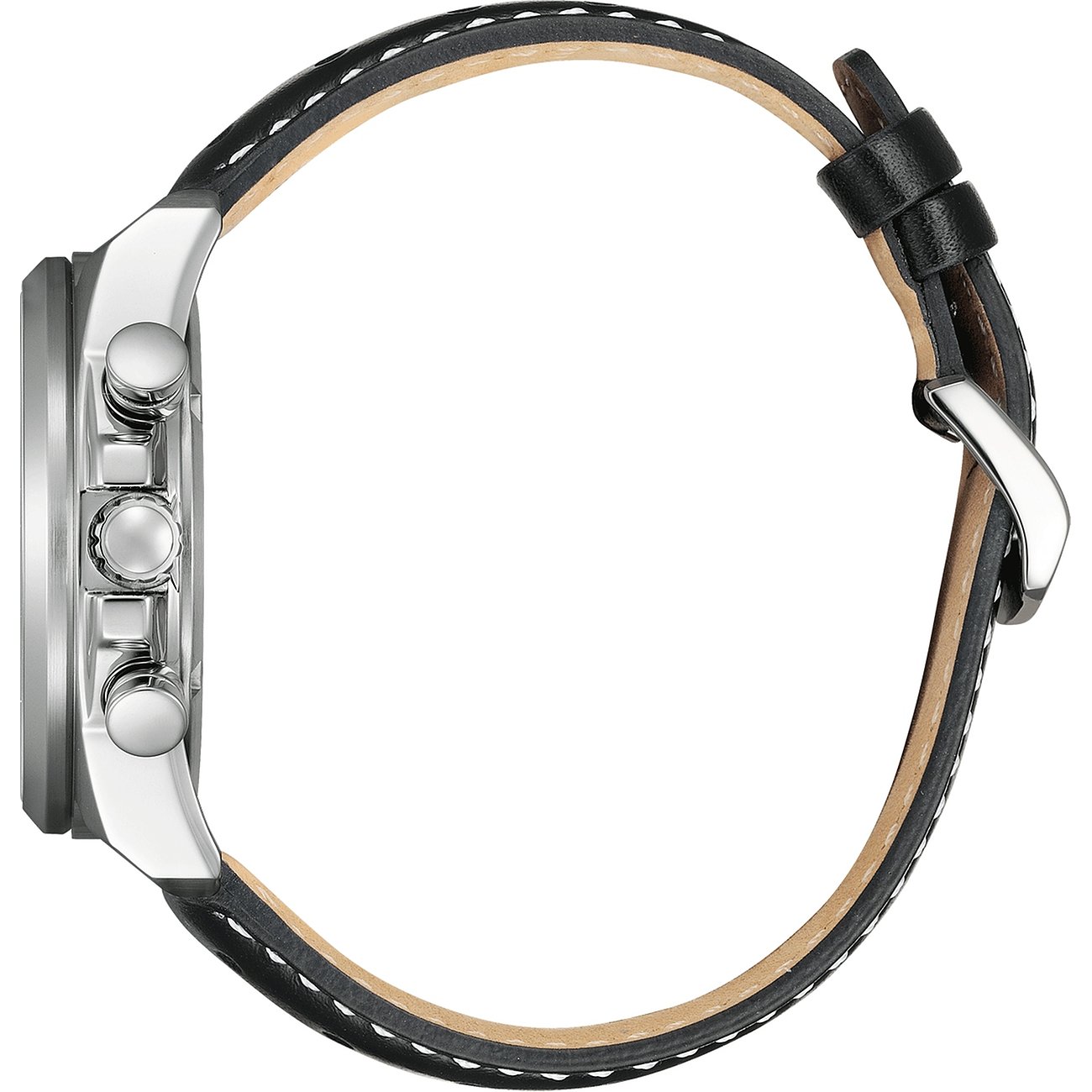 Citizen Herrenuhr mit Edelstahlgehäuse und schwarzem Lederarmband.