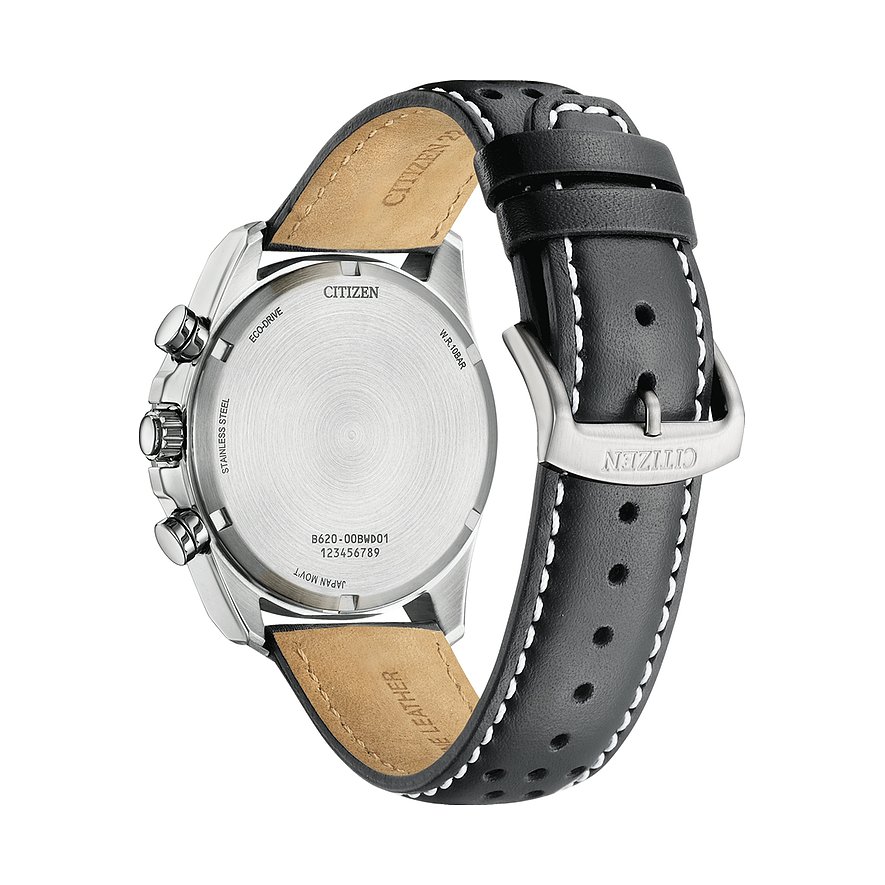 Citizen Herrenuhr mit Edelstahlgehäuse und schwarzem Lederarmband.