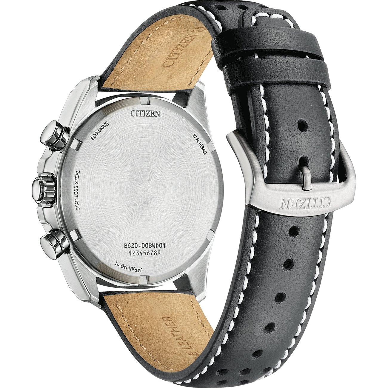 Citizen Herrenuhr mit Edelstahlgehäuse und schwarzem Lederarmband.