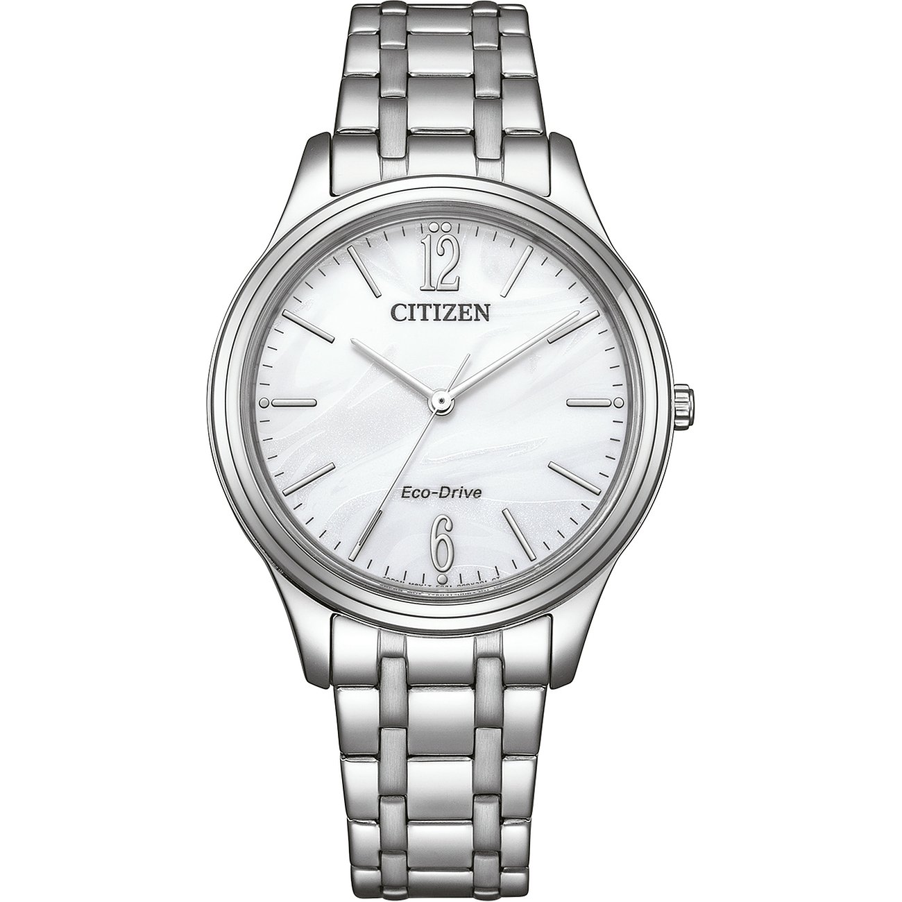 Citizen Damenuhr mit Edelstahlgehäuse, analog, weißes Zifferblatt und Gliederarmband.