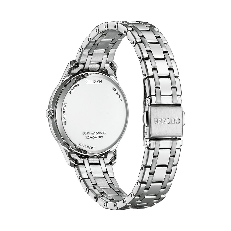 Citizen Damenuhr aus Edelstahl mit silberfarbenem Gehäuse und Armband.