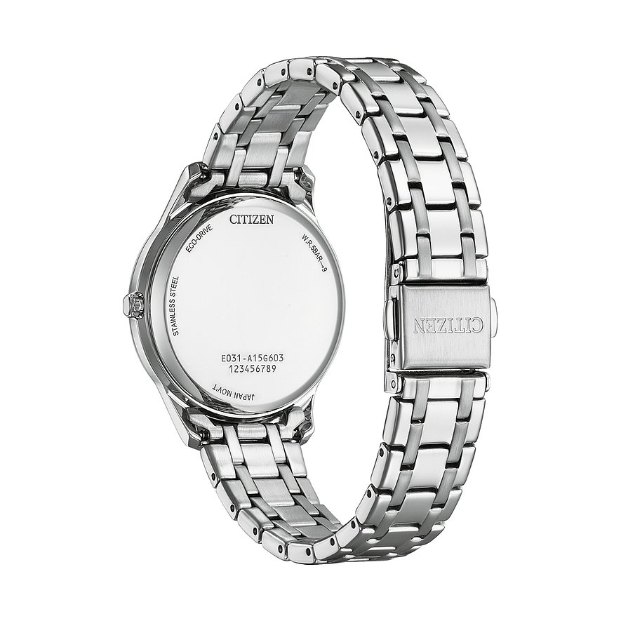 Citizen Damenuhr aus Edelstahl mit silberfarbenem Gehäuse und Armband.