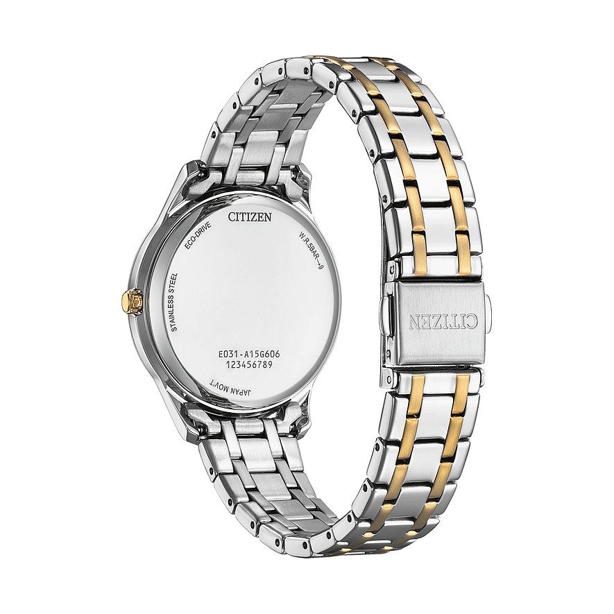 Citizen Damenuhr aus Edelstahl, bicolor, mit silberfarbenem Gehäuse.