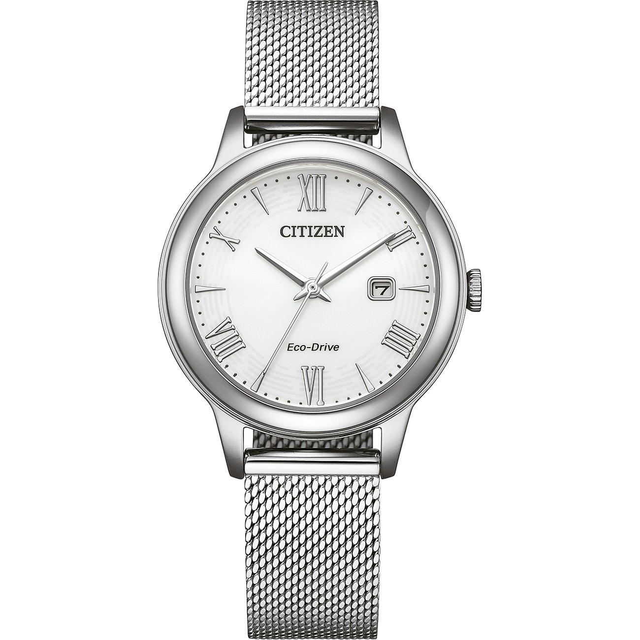 Citizen Damenuhr mit Edelstahlgehäuse, weißem Zifferblatt und Mesh-Armband.