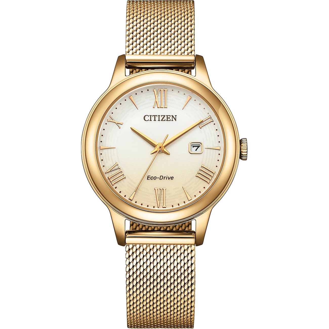 Citizen Damenuhr mit Edelstahlgehäuse, analog, goldfarbenes Mesharmband.