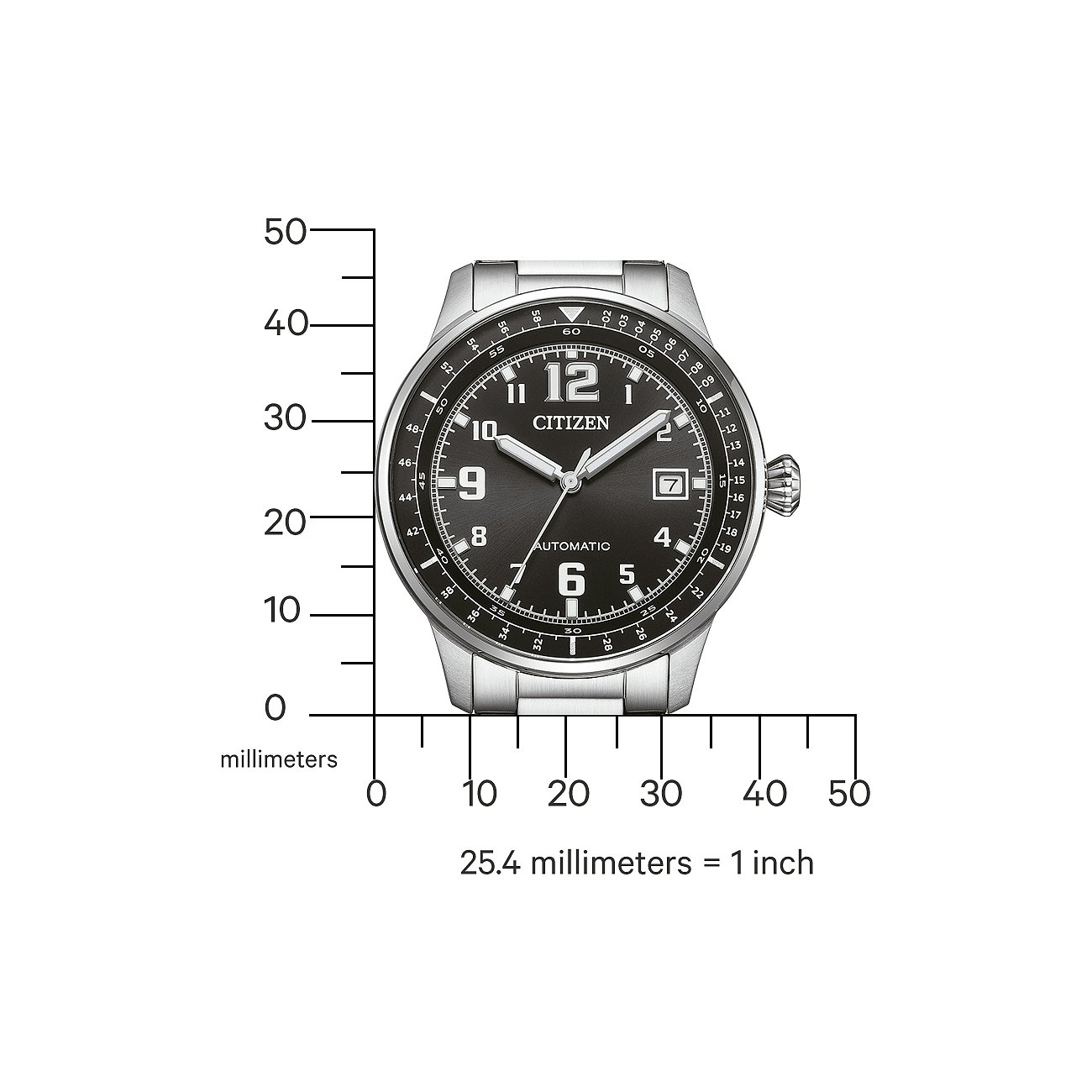 Citizen Herrenuhr mit Edelstahlgehäuse und schwarzem Zifferblatt.