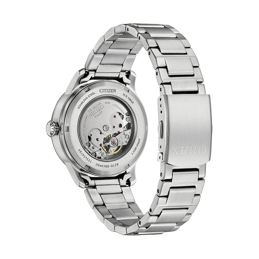 Citizen herenhorloge met roestvrijstalen kast en doorzichtige achterkant.