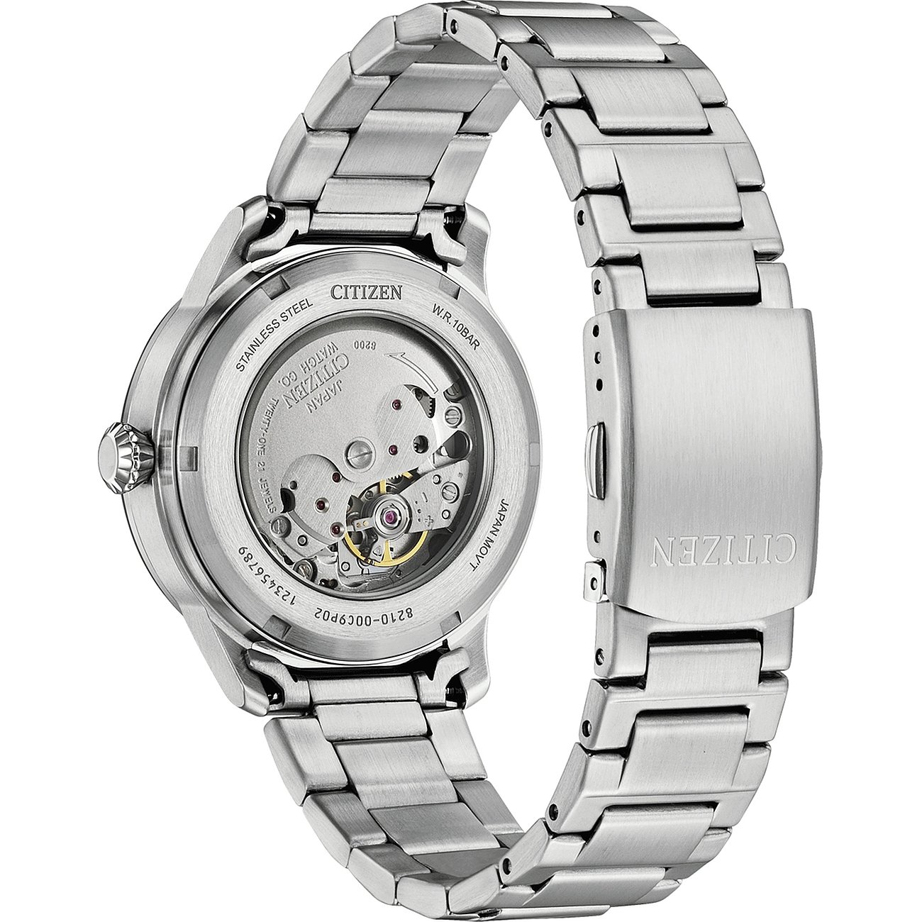 Citizen herenhorloge met roestvrijstalen kast en doorzichtige achterkant.