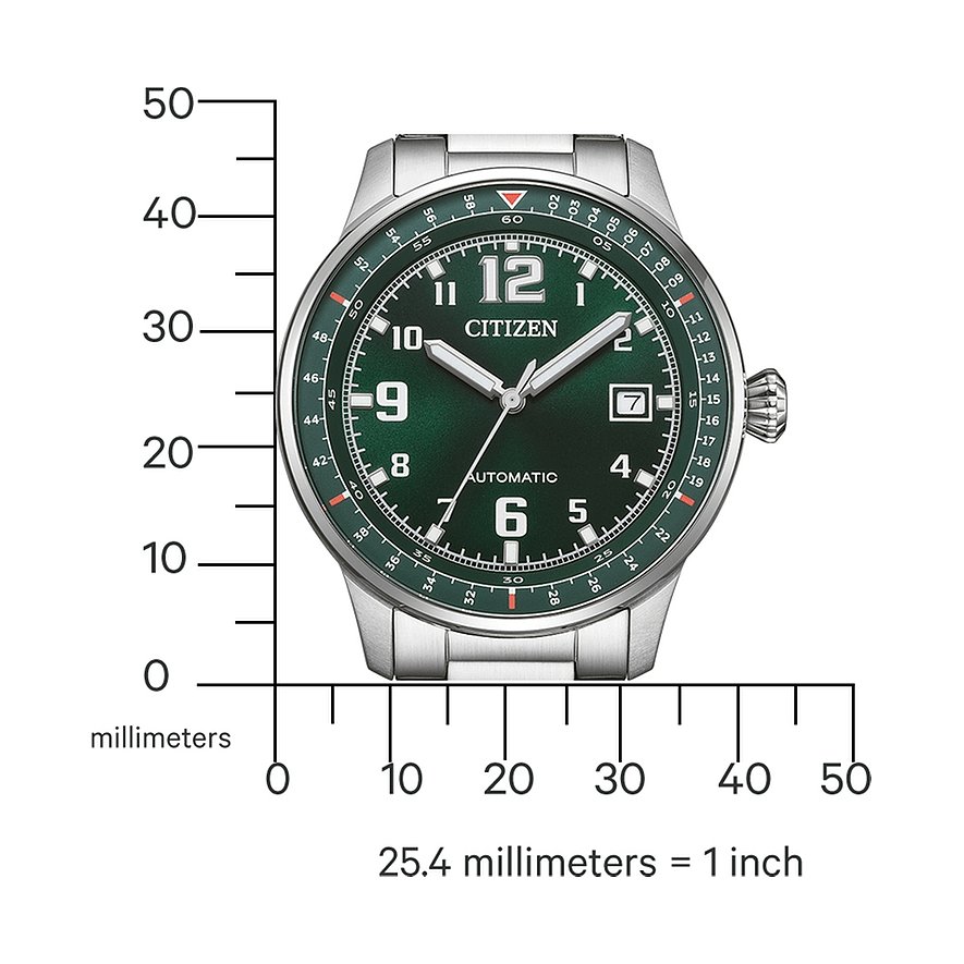 Citizen herenhorloge met roestvrijstalen kast, groene wijzerplaat en analoge weergave.