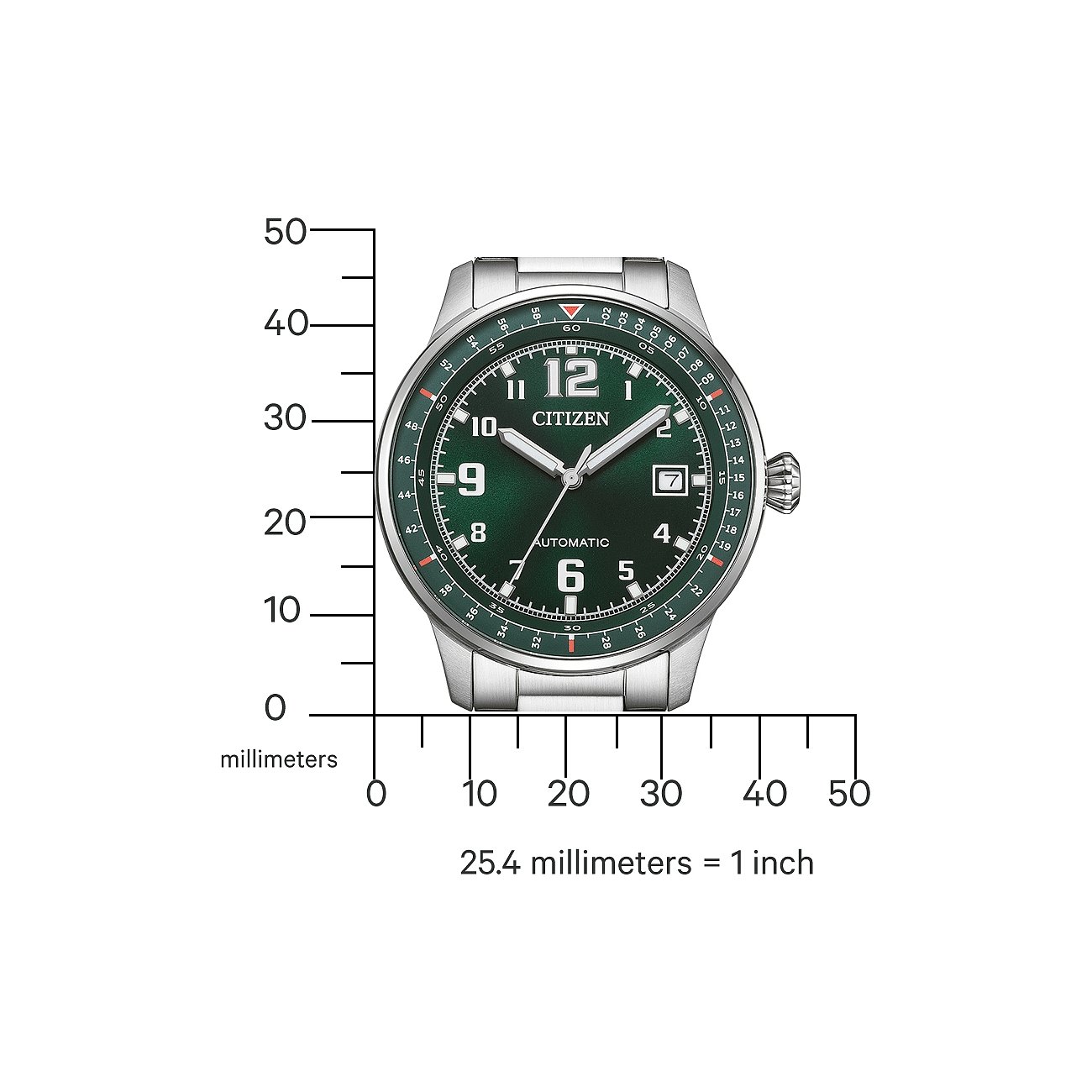 Citizen herenhorloge met roestvrijstalen kast, groene wijzerplaat en analoge weergave.