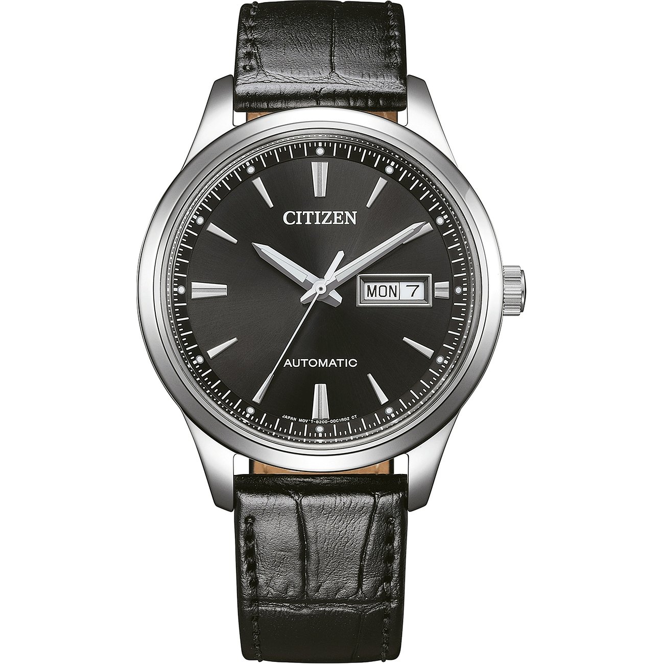 Citizen Herrenuhr mit Edelstahlgehäuse, schwarzem Zifferblatt und Lederarmband.