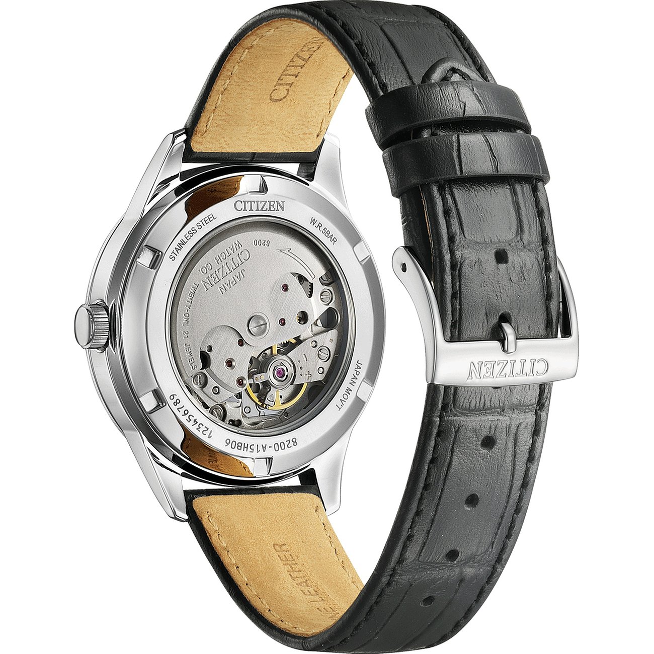 Citizen Herrenuhr mit Edelstahlgehäuse und schwarzem Lederarmband.