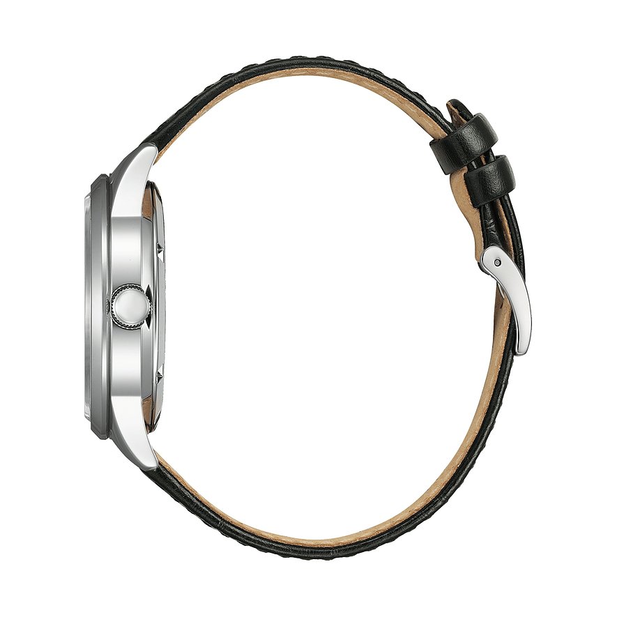 Citizen Herrenuhr mit Edelstahlgehäuse und schwarzem Lederarmband.