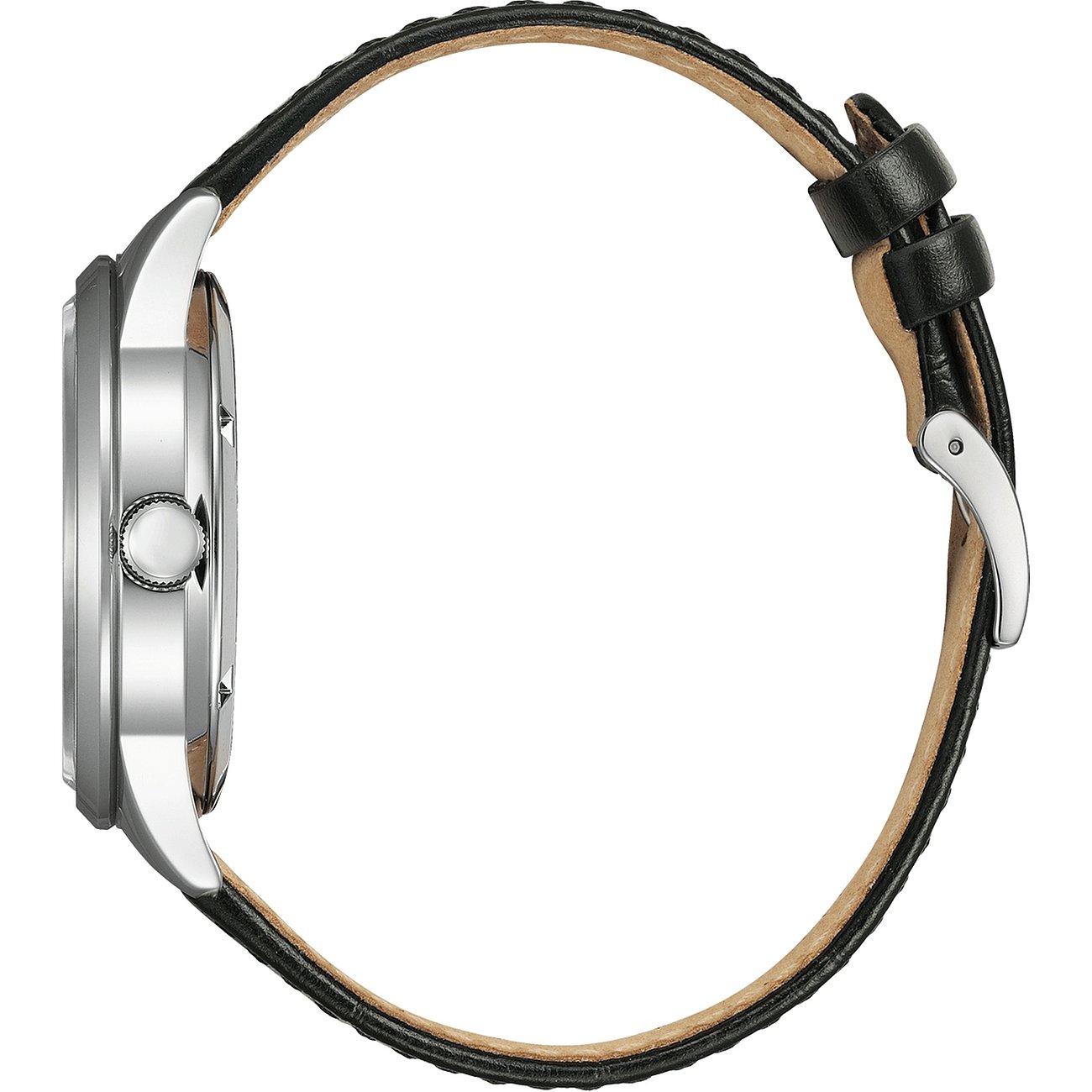 Citizen Herrenuhr mit Edelstahlgehäuse und schwarzem Lederarmband.