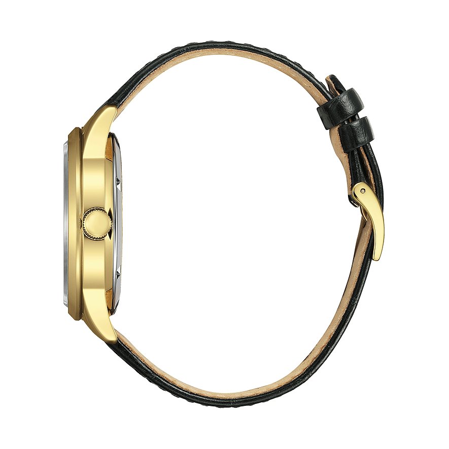 Citizen Herrenuhr mit Edelstahlgehäuse, analog, schwarzes Lederarmband.
