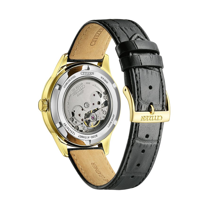 Citizen Herrenuhr mit Edelstahlgehäuse, schwarzem Lederarmband und Automatikwerk.
