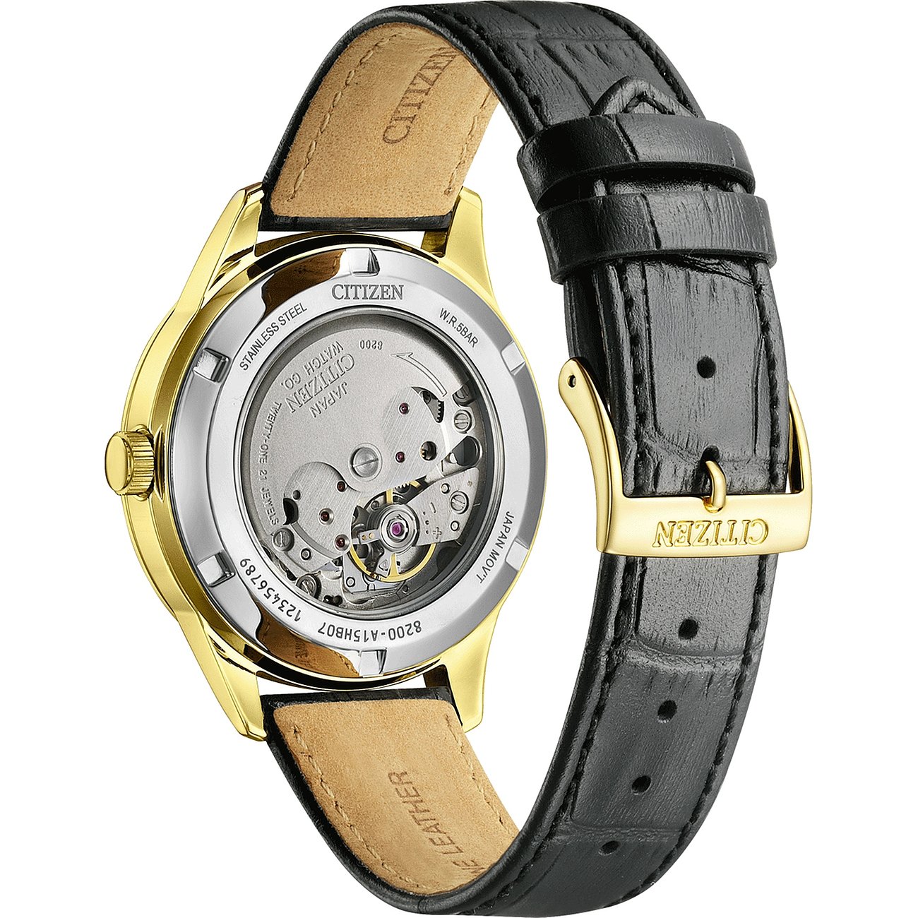 Citizen Herrenuhr mit Edelstahlgehäuse, schwarzem Lederarmband und Automatikwerk.