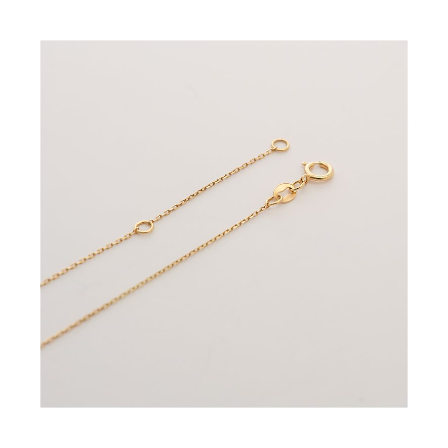 Detailaufnahme des CHRIST Halsschmucks: goldenes Verlängerungskettchen und runder Federringverschluss aus 585 Gelbgold.