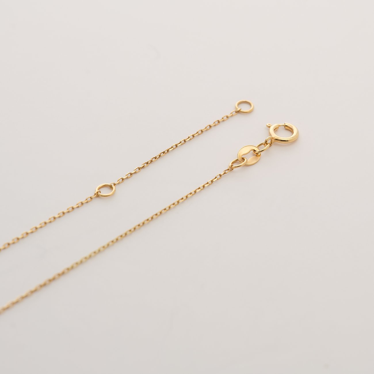 Detailaufnahme des CHRIST Halsschmucks: goldenes Verlängerungskettchen und runder Federringverschluss aus 585 Gelbgold.