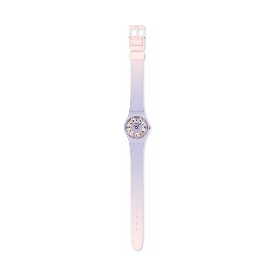 Swatch dameur med plastikkasse, analog visning og farvegradient.