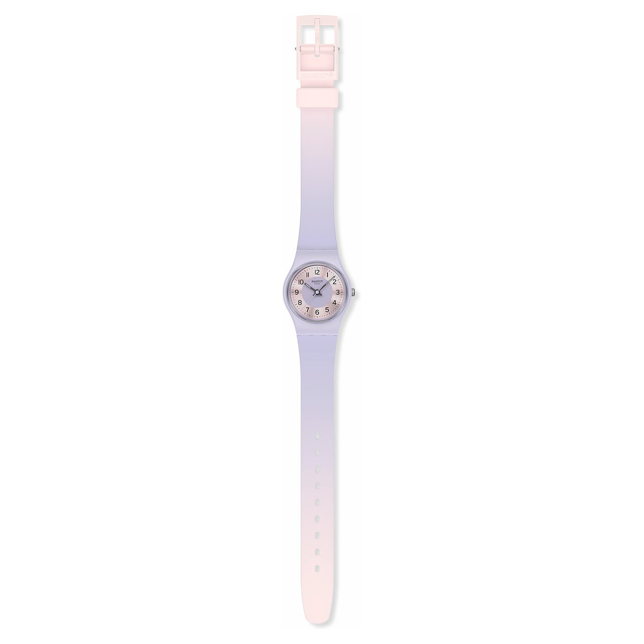 Swatch dameur med plastikkasse, analog visning og farvegradient.
