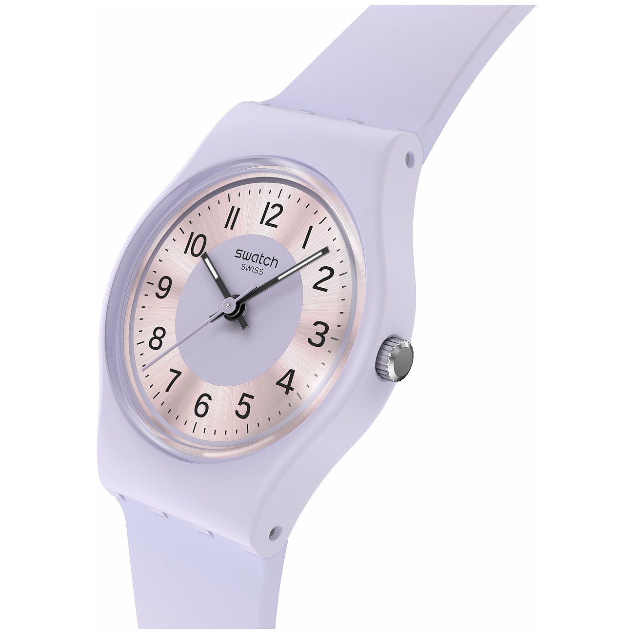 Swatch dameur med plastikkasse, analog visning og rosafarvet urskive.