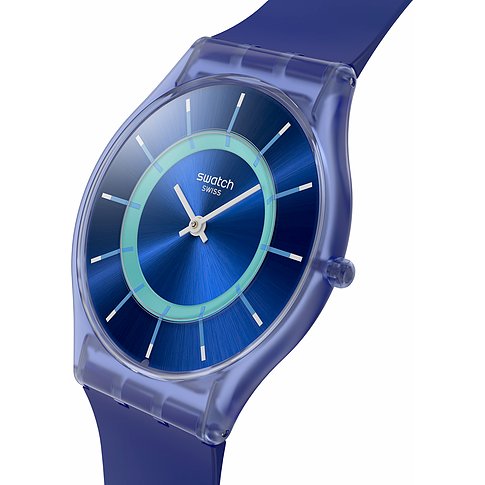 Swatch Unisexuhr mit Kunststoffgehäuse, blaues Zifferblatt mit hellblauen Markierungen.