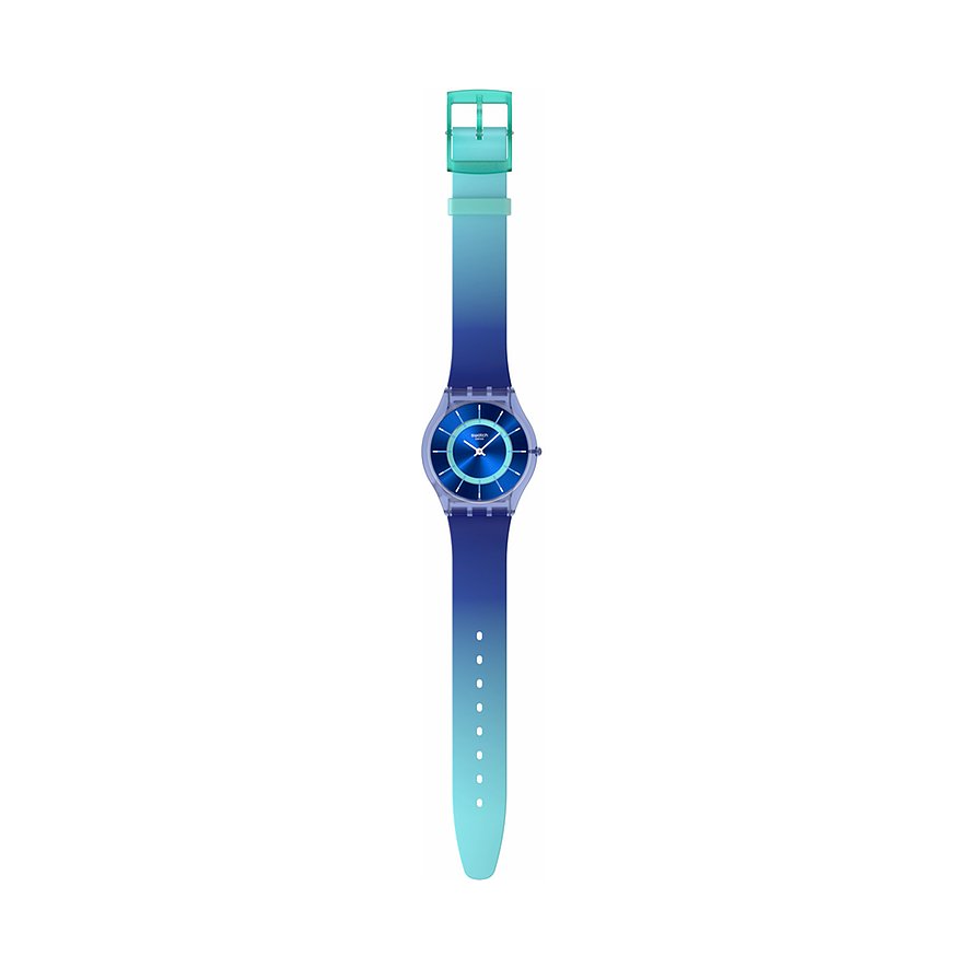 Montre unisexe Swatch avec boîtier en plastique et cadran bleu.