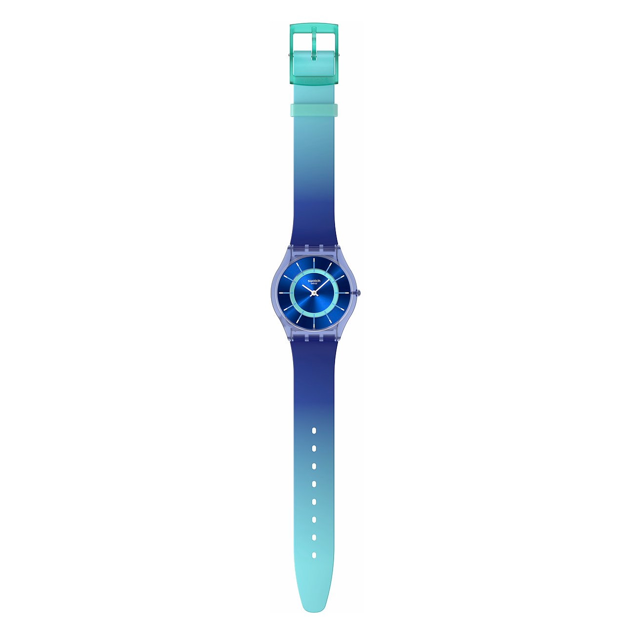 Montre unisexe Swatch avec boîtier en plastique et cadran bleu.