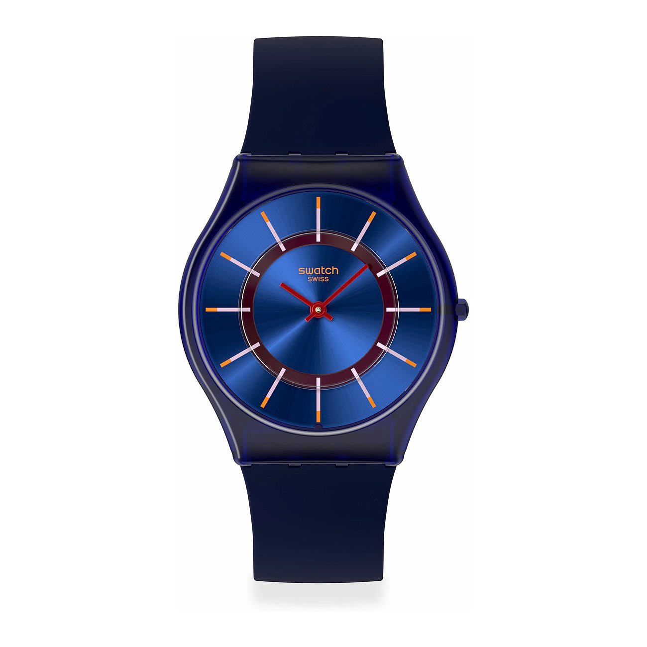 Swatch Unisex ur med plastkasse, blå urskive og røde visere.