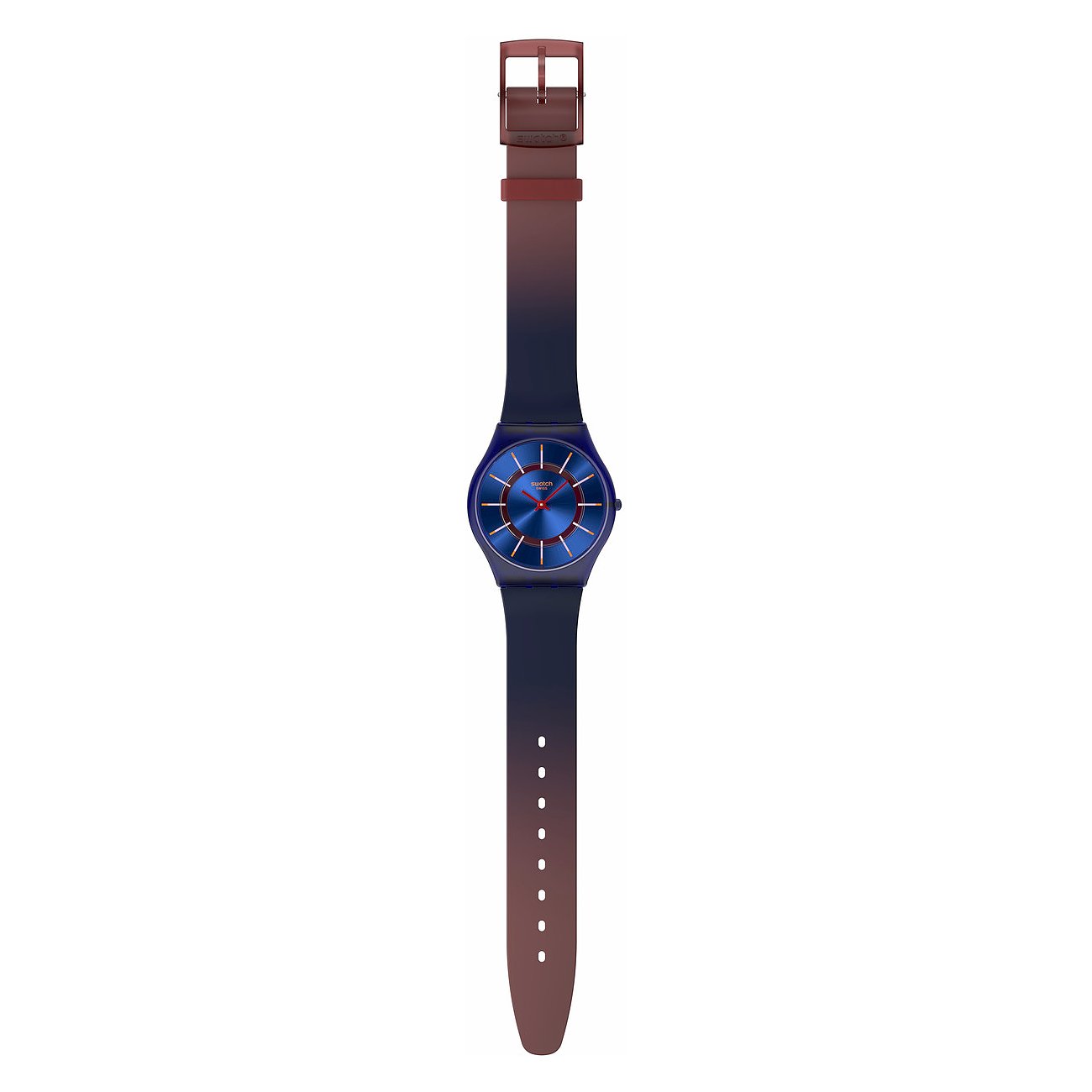 Swatch Unisex ur med plastkasse, blå urskive og røde visere.