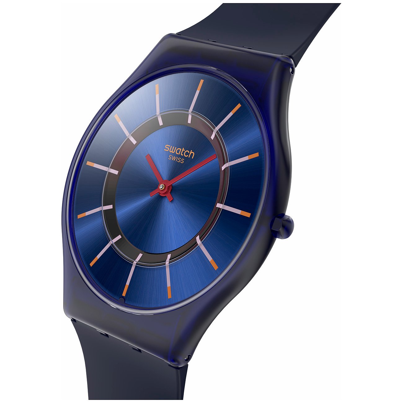 Swatch Unisex ur med plastkasse, blå urskive og røde visere.