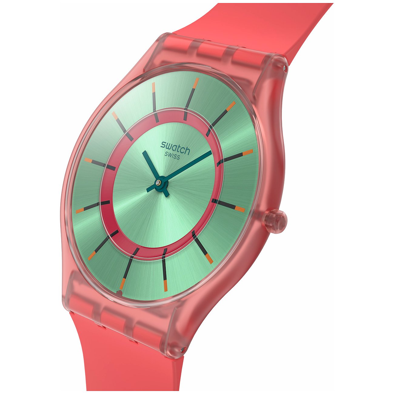 Swatch Unisexklocka med plastboett, mintgrön urtavla och röda accenter.