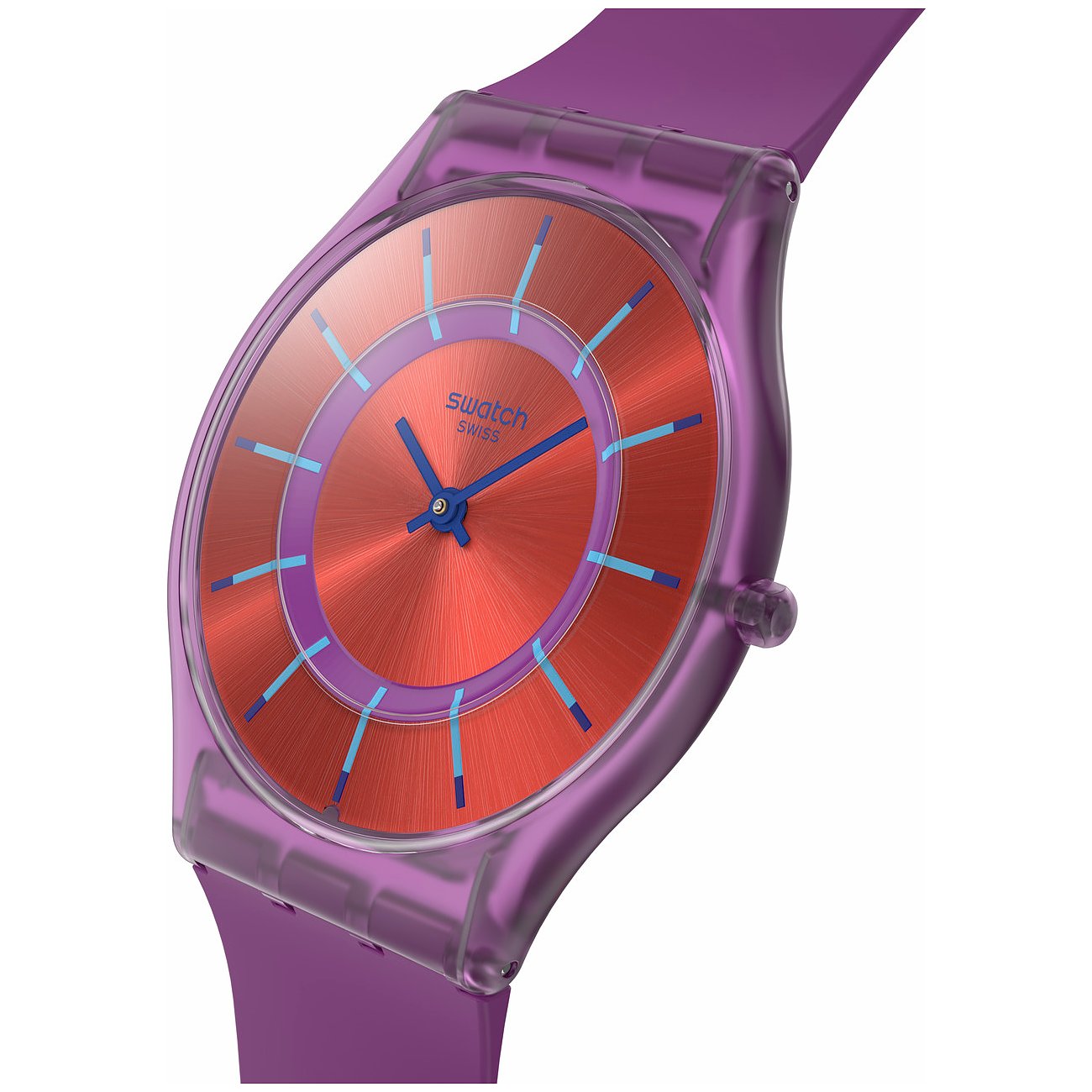 Montre unisexe Swatch avec boîtier en plastique, cadran rouge et aiguilles bleues.