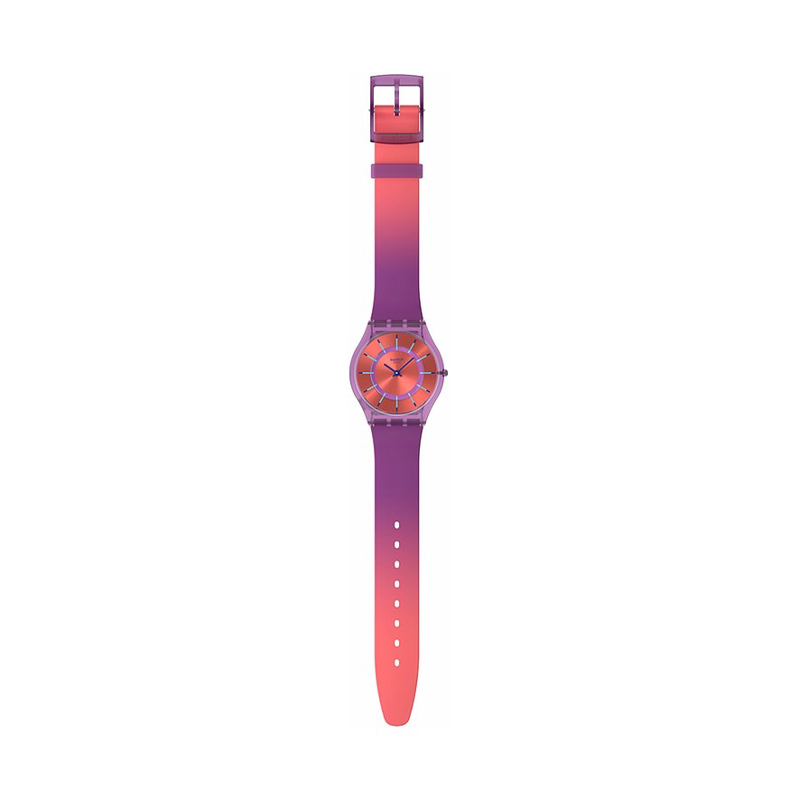 Montre unisexe Swatch avec boîtier en plastique, affichage analogique et dégradé de couleurs.
