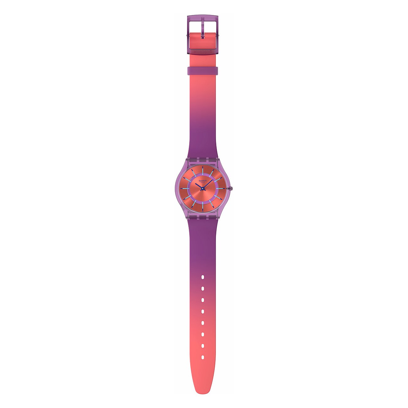 Montre unisexe Swatch avec boîtier en plastique, affichage analogique et dégradé de couleurs.