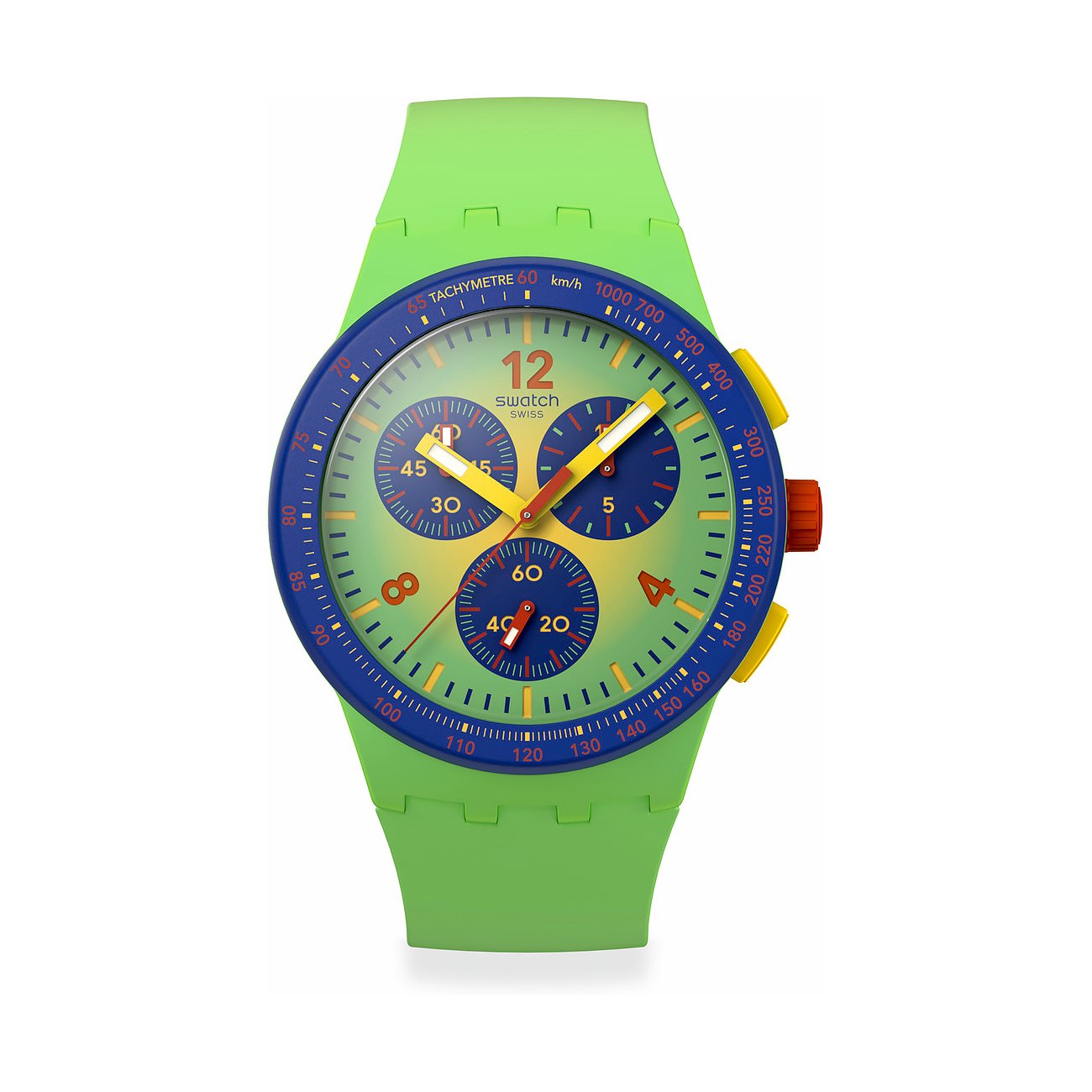 Swatch Unisexuhr mit Kunststoffgehäuse, analog, Chronograph, bunte Zifferblatt.