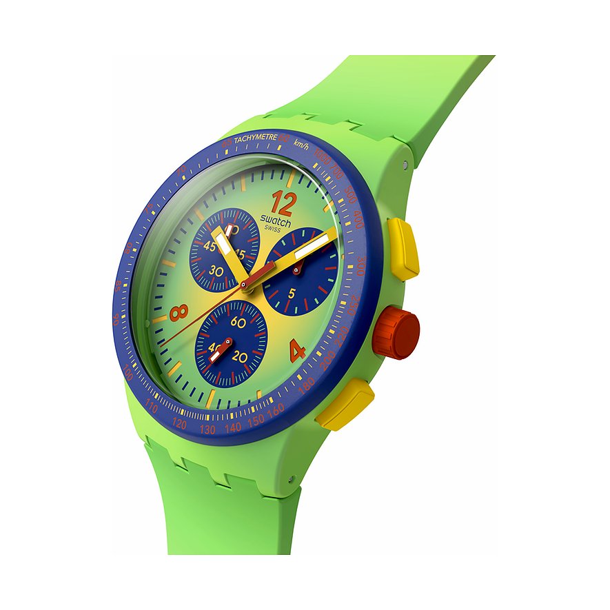Swatch Unisexuhr mit Kunststoffgehäuse, analog, Chronograph, grünes Zifferblatt.