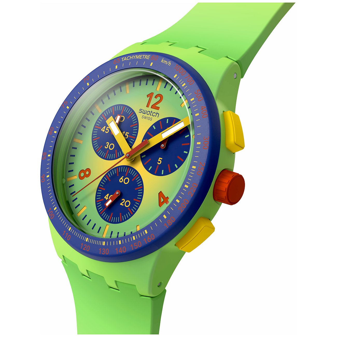 Swatch Unisexuhr mit Kunststoffgehäuse, analog, Chronograph, grünes Zifferblatt.