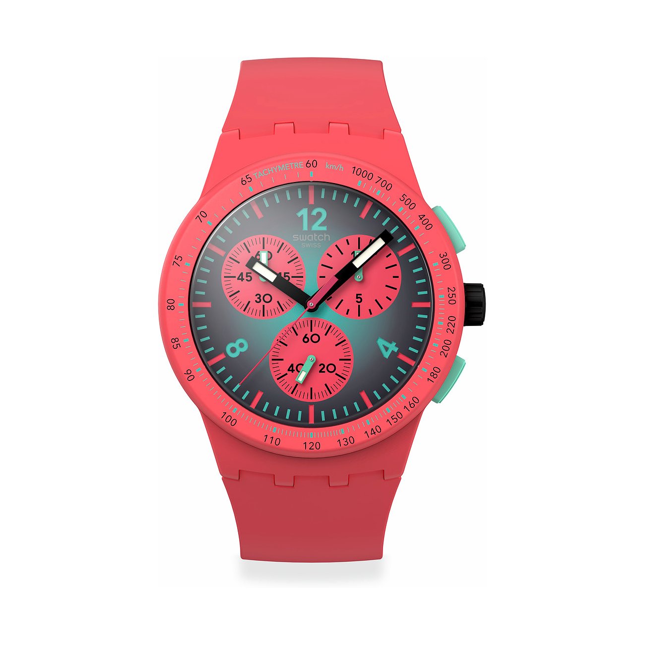 Swatch Unisexuhr mit Kunststoffgehäuse, analog, Chronograph, Korallefarben.