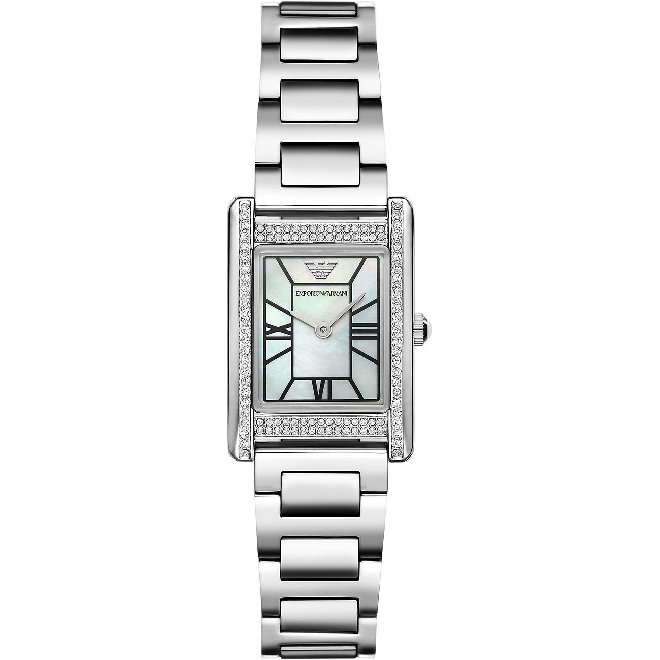 Emporio Armani Damenuhr aus Edelstahl, rechteckiges Gehäuse mit Zirkonia und Perlmuttzifferblatt.