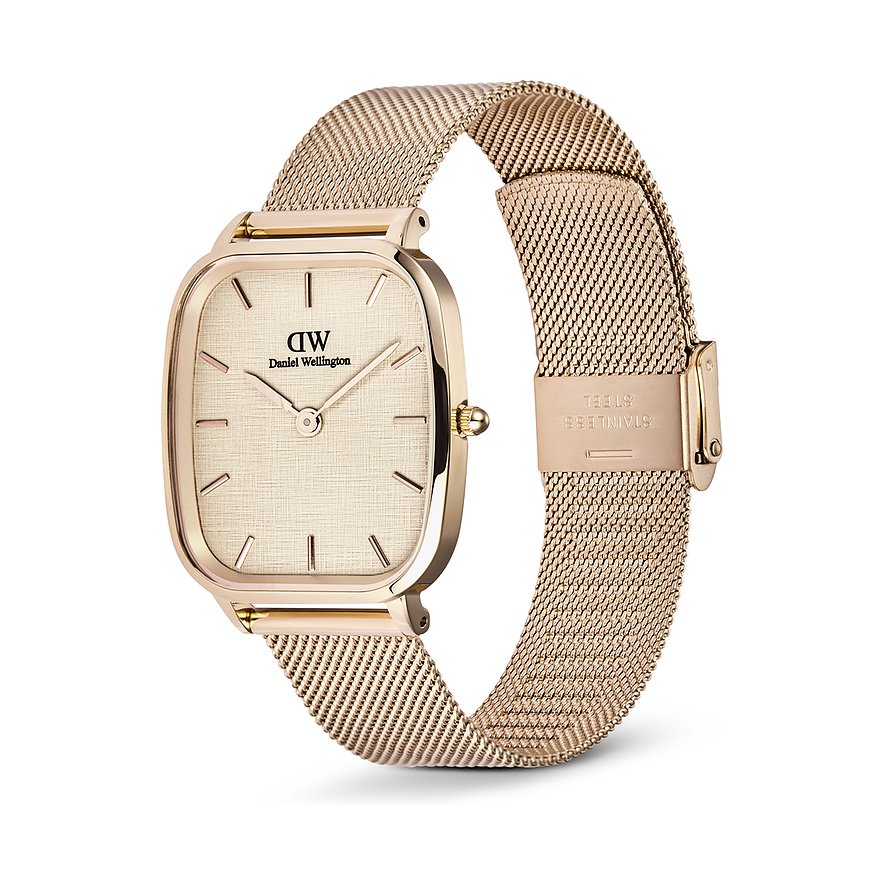 Daniel Wellington Herrenuhr mit Edelstahlgehäuse, analog, roségoldfarbenes Meshband.